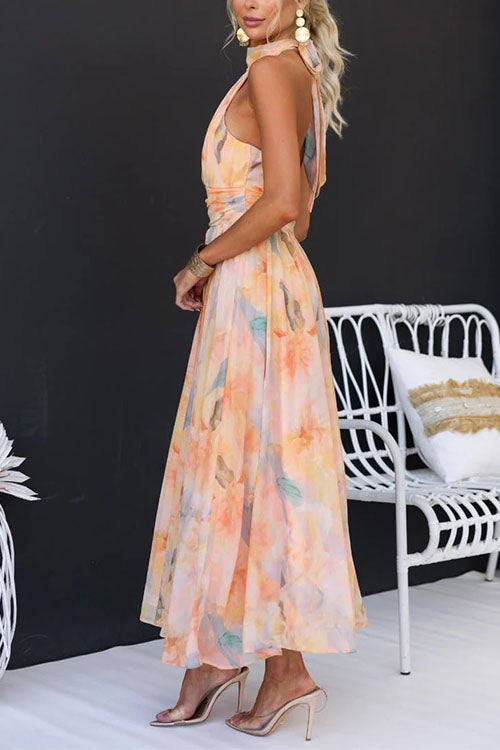 Vrouwen - Mouwloze Halterjurk - Elegante Pasvorm - Zomer Look - Zwierige Midi Jurk - Glamorix
