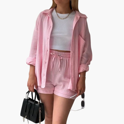 Helga - Dames co-ord set met blouse en short met hoge taille - Glamorix