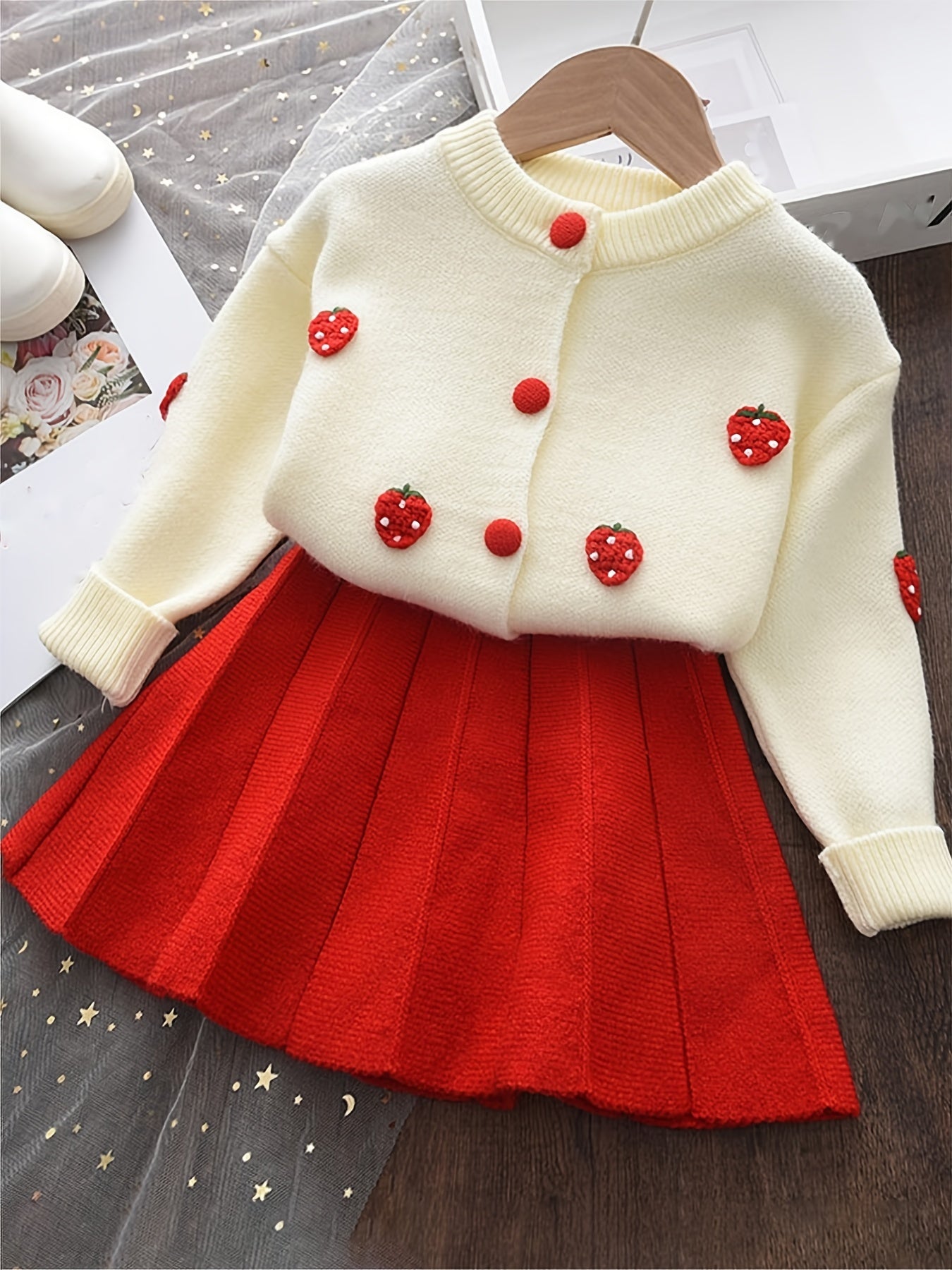 AVA - Meisjes gebreid vest en plooirokken set