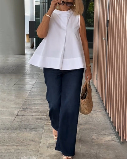 Mouwloze dames top met opstaande kraag en plooidetail – LIVIA HALO - Glamorix