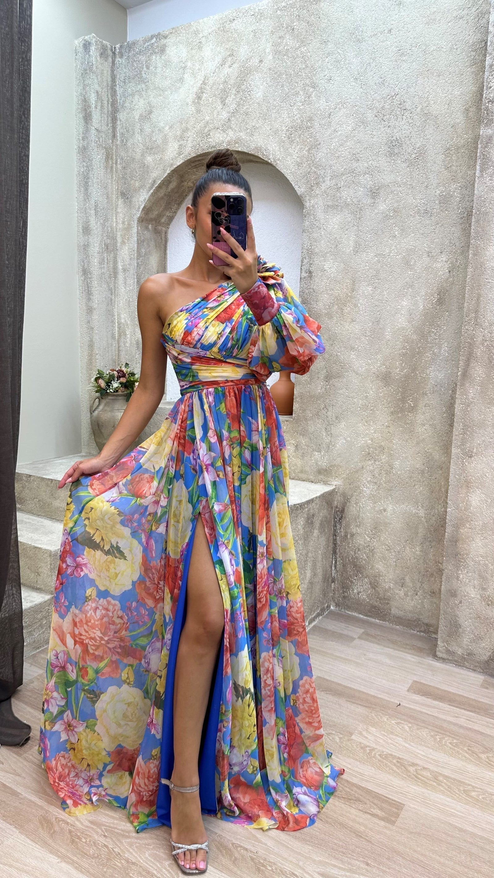 Asymmetrische maxi-jurk met bloemenprint en hoge split – FLORELLA - Glamorix