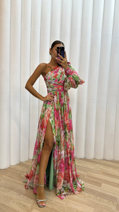 Asymmetrische maxi-jurk met bloemenprint en hoge split – FLORELLA - Glamorix