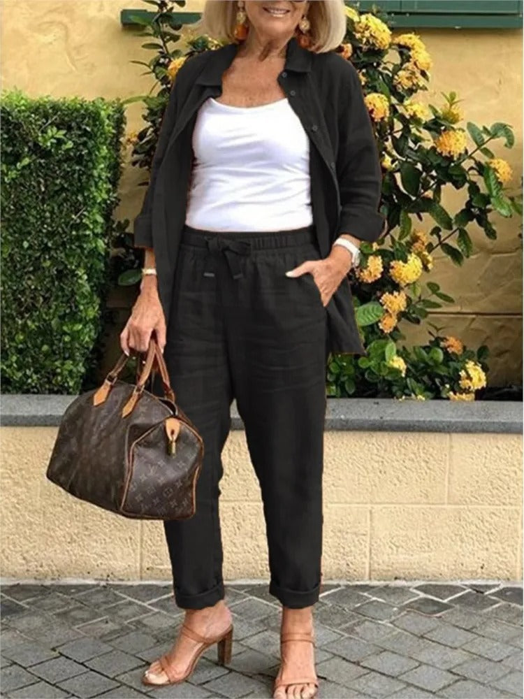 Linnen dames zomer set met korte mouwen en shorts – ZAYLA LINNEN - Glamorix