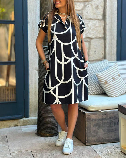 AURELIA – Elegante Midi-Jurk met Reverskraag en Korte Mouwen
