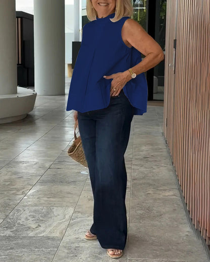 Mouwloze dames top met opstaande kraag en plooidetail – LIVIA HALO - Glamorix