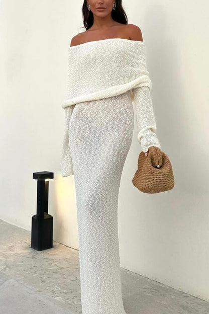 ELARA - Off-shoulder gebreide maxi-jurk met lange mouwen
