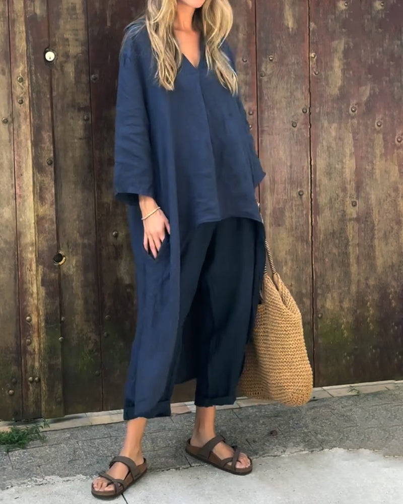 Ylva - Dames co-ord set met losvallende top en rechte broek - Glamorix