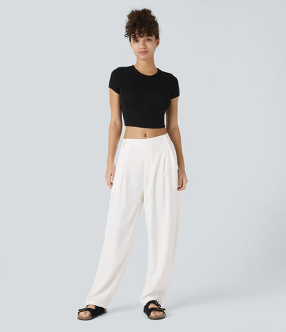 Losvallende damesbroek met hoge taille en elegante valling – AUREA DRAPE - Glamorix