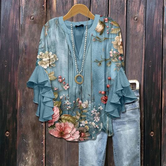 Vrouwelijke tuniek-top met volantmouwen en diepe V-hals – FAYNA RUFFLEBLOOM - Glamorix