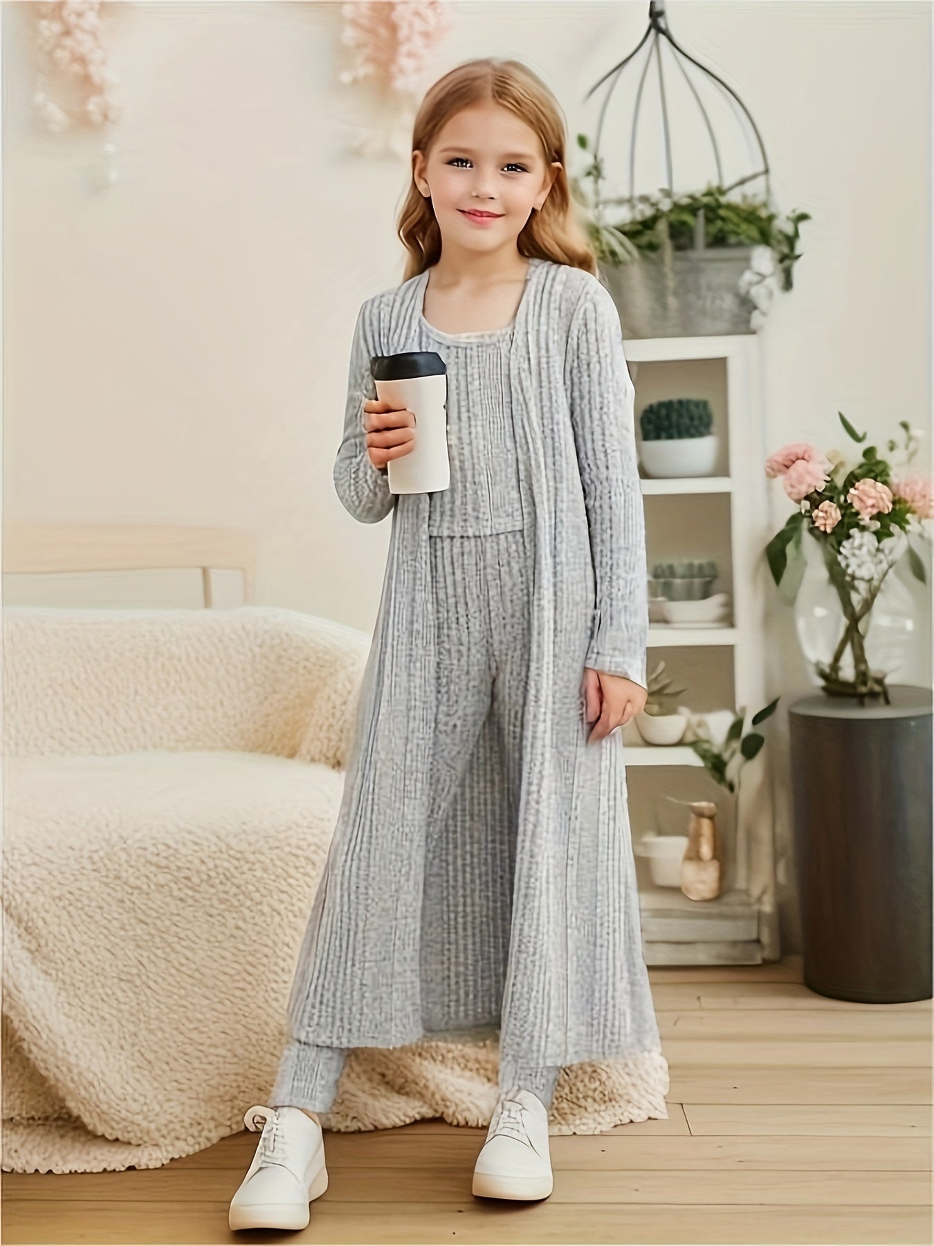 EVA - 3-delige stretchy gebreide set met vest, top en legging voor meisjes