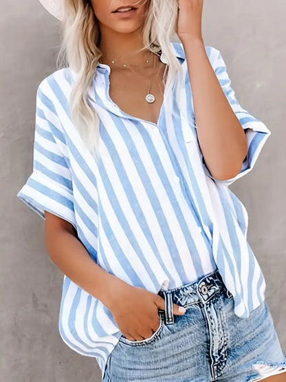 Gestreepte damesblouse met korte mouwen en luchtige fit – LUNEA STRIPE - Glamorix