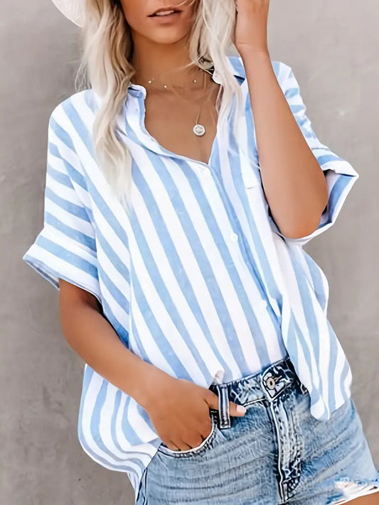 Gestreepte damesblouse met korte mouwen en luchtige fit – LUNEA STRIPE - Glamorix