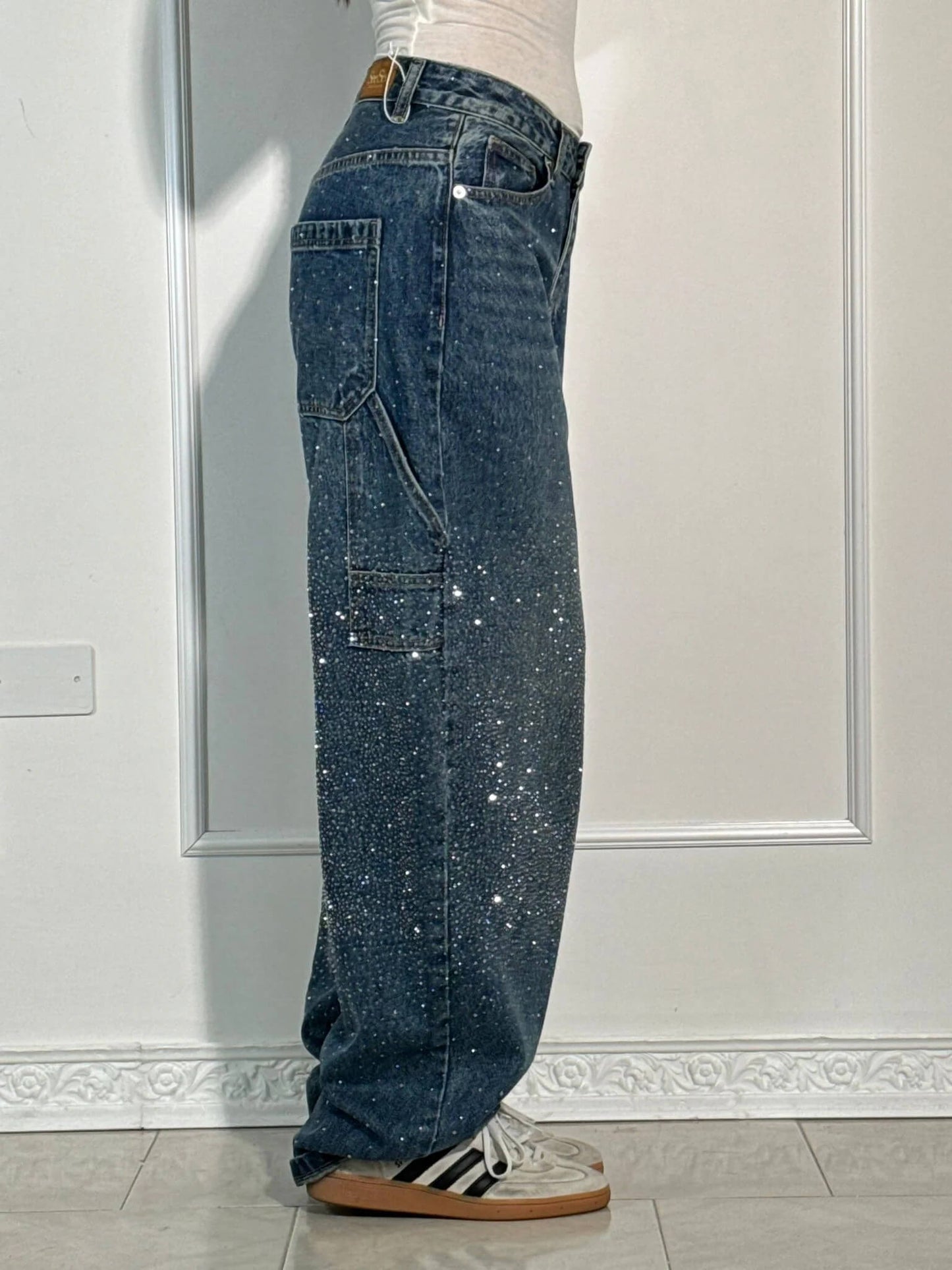 Glanzende wide leg jeans met hoge taille en relaxte fit – SERA SHINE - Glamorix