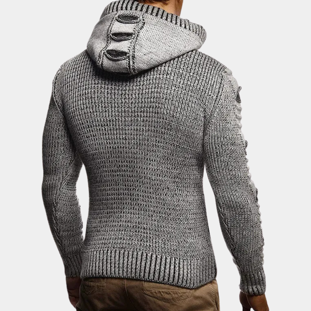Gebreide heren hoodie met knoopsluiting en ribdetails – RENVARA KnitHood - Glamorix