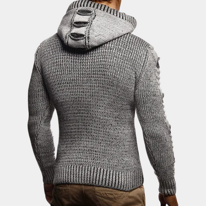 Gebreide heren hoodie met knoopsluiting en ribdetails – RENVARA KnitHood - Glamorix