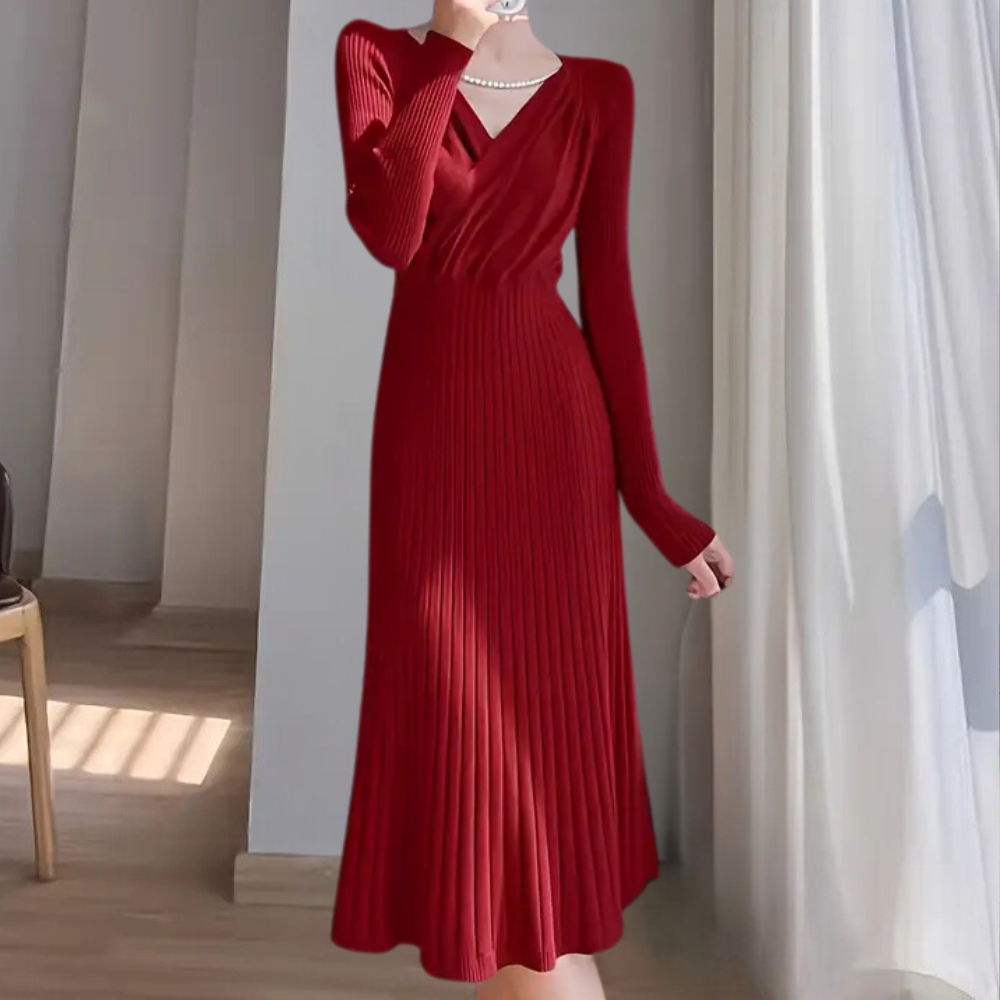 EVIE - Elegante geribde wikkel midi-jurk