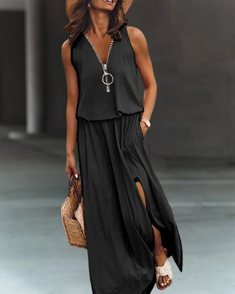 Losvallende damesjurk met diepe V-hals en zilverkleurige rits – NAYLA ZIP - Glamorix