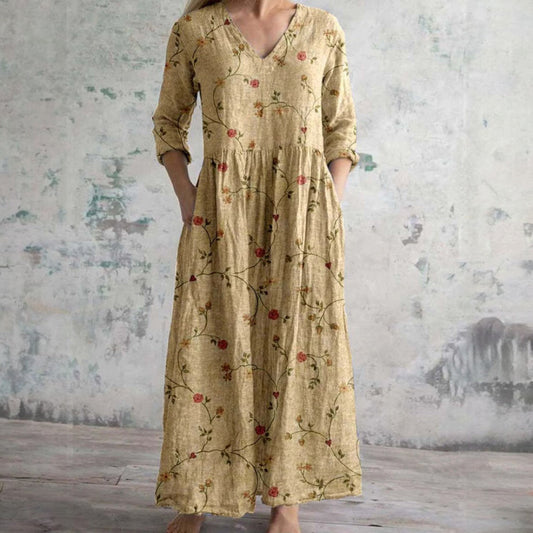Elegante dames maxi-jurk met V-hals en 3/4 mouwen – SERENA FALL - Glamorix