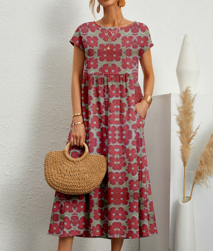 Zita - Dames midi jurk met grafische print en korte mouw - Glamorix