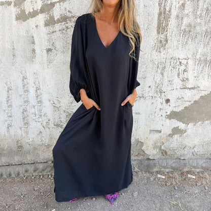 Odile - Losvallende maxi jurk met v-hals en ballonmouwen - Glamorix