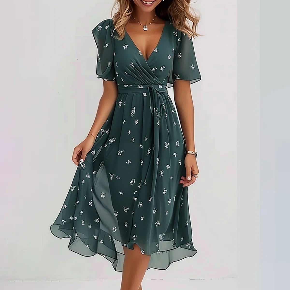 Vrouwelijke midi overslagjurk met luchtige print – FlorivaMuse - Glamorix