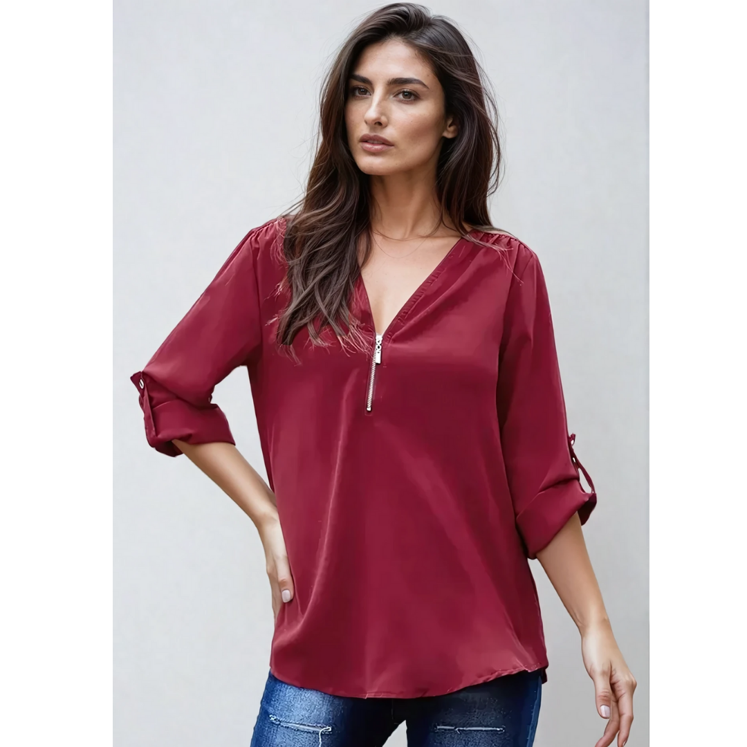 Losvallende blouse met 3/4 mouwen en ritssluiting – MAELYN CURVE - Glamorix