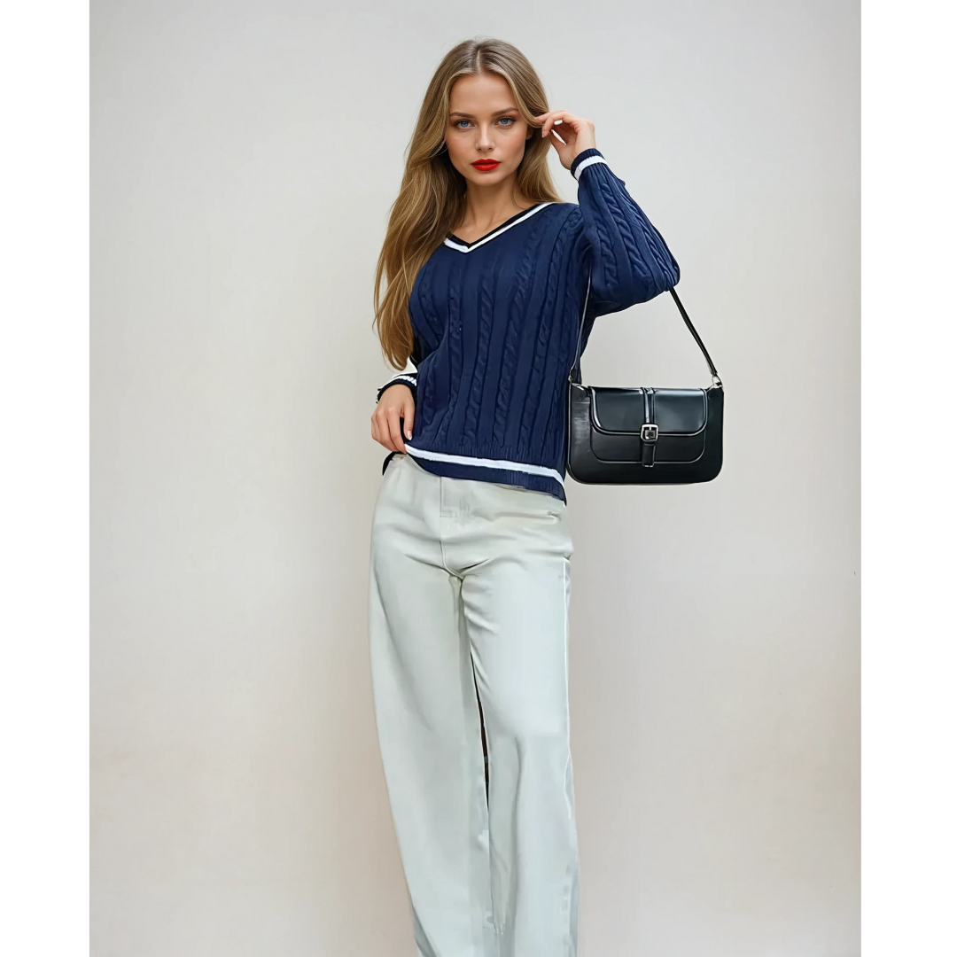 Lange mouwen dames trui met V-hals en zachte stretch – ELIORA ESSENCE - Glamorix