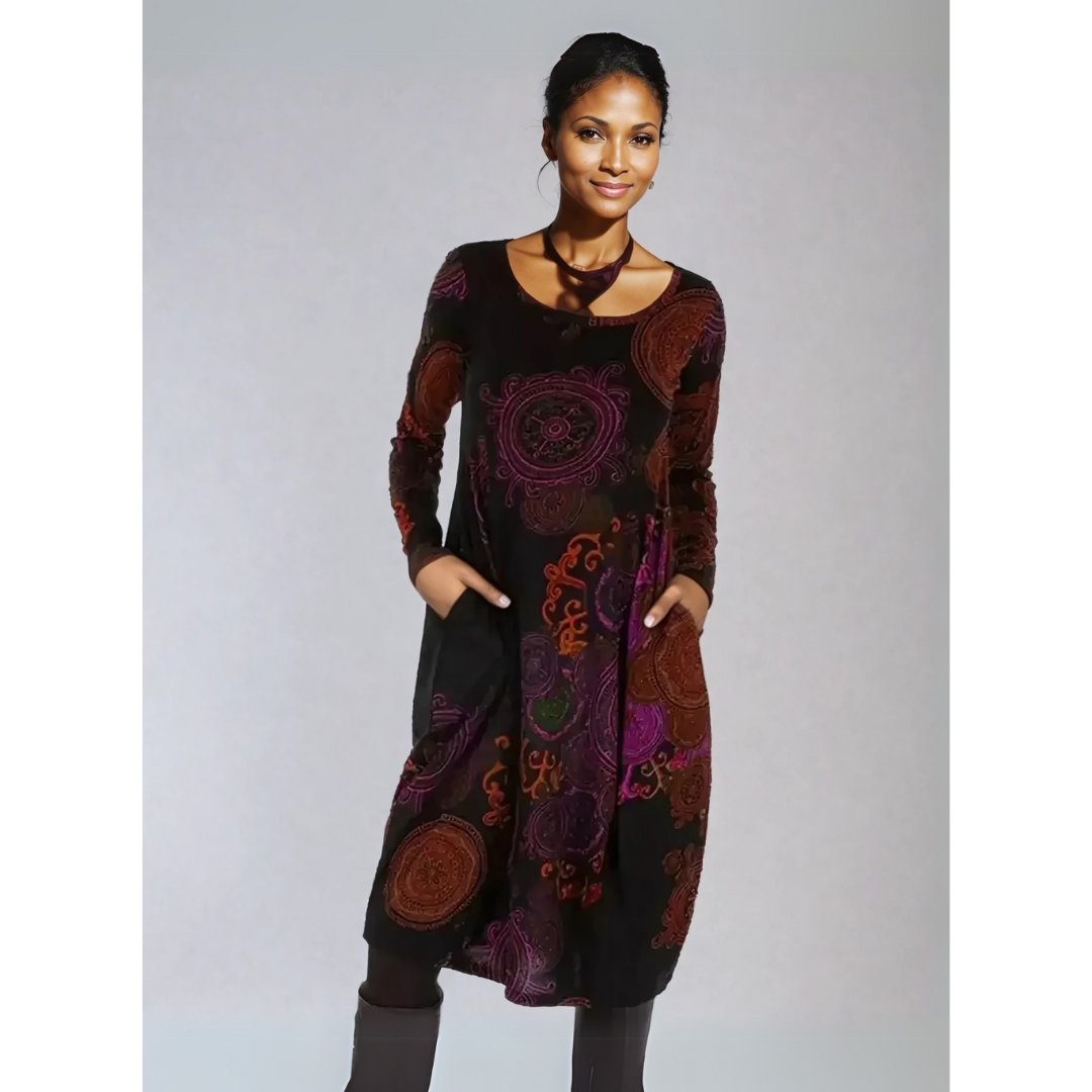 Bohemian midi-jurk met lange mouwen en elegante print – LioraMuse - Glamorix