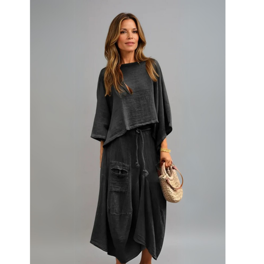 Tweedelige dames set met casual top en losvallende rok – SOLENA SET - Glamorix