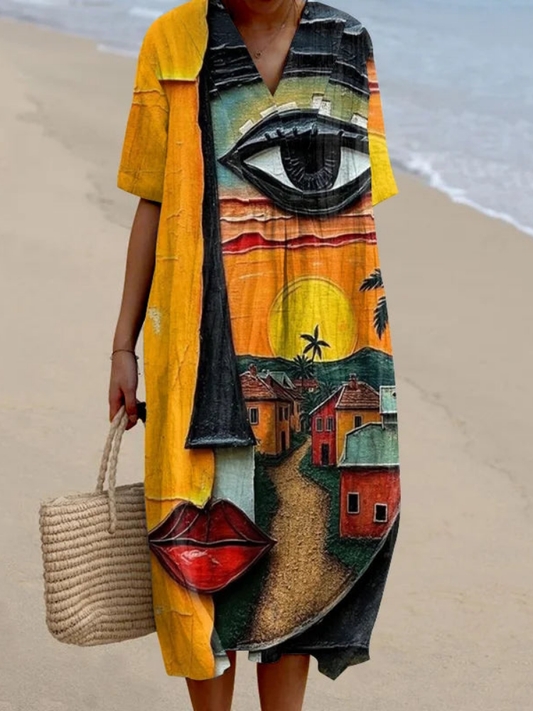 Losvallende midi damesjurk met diepe V-hals en artistieke snit – ARTEA FLOW - Glamorix