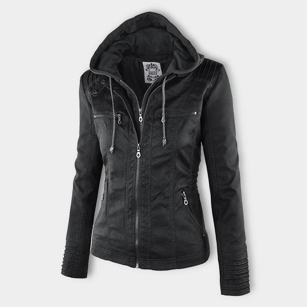 LEIGH – Chaqueta de cuero impermeable para mujer con capucha - Glamorix