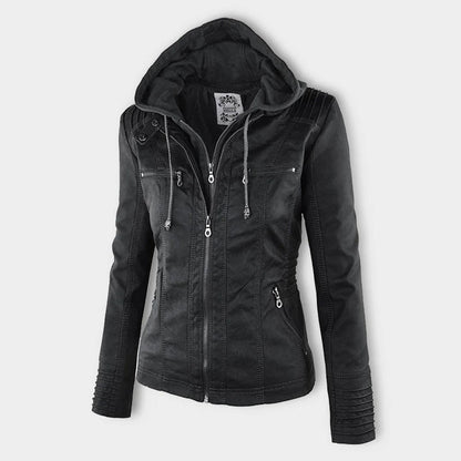 LEIGH – Chaqueta de cuero impermeable para mujer con capucha - Glamorix
