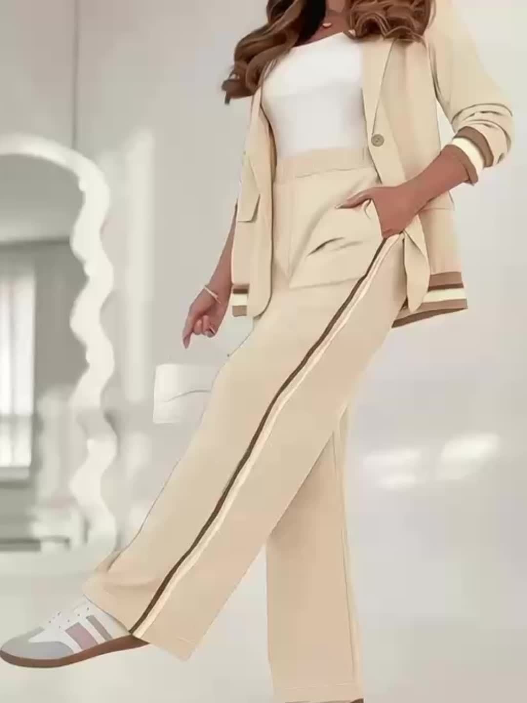 Blazer En Broek Set - Geribbelde Textuur En Structuur - Glamorix