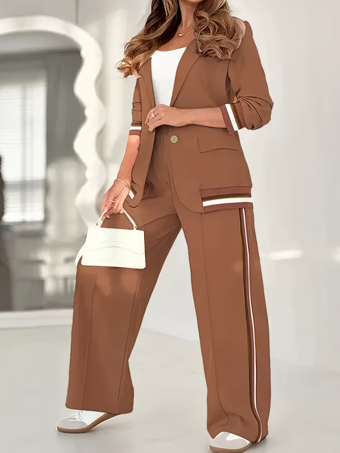Blazer En Broek Set - Geribbelde Textuur En Structuur - Glamorix