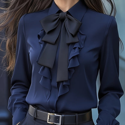 Blouse – Ruches Hals Met Strik & Gladde Bewegingsvrijheid - Glamorix