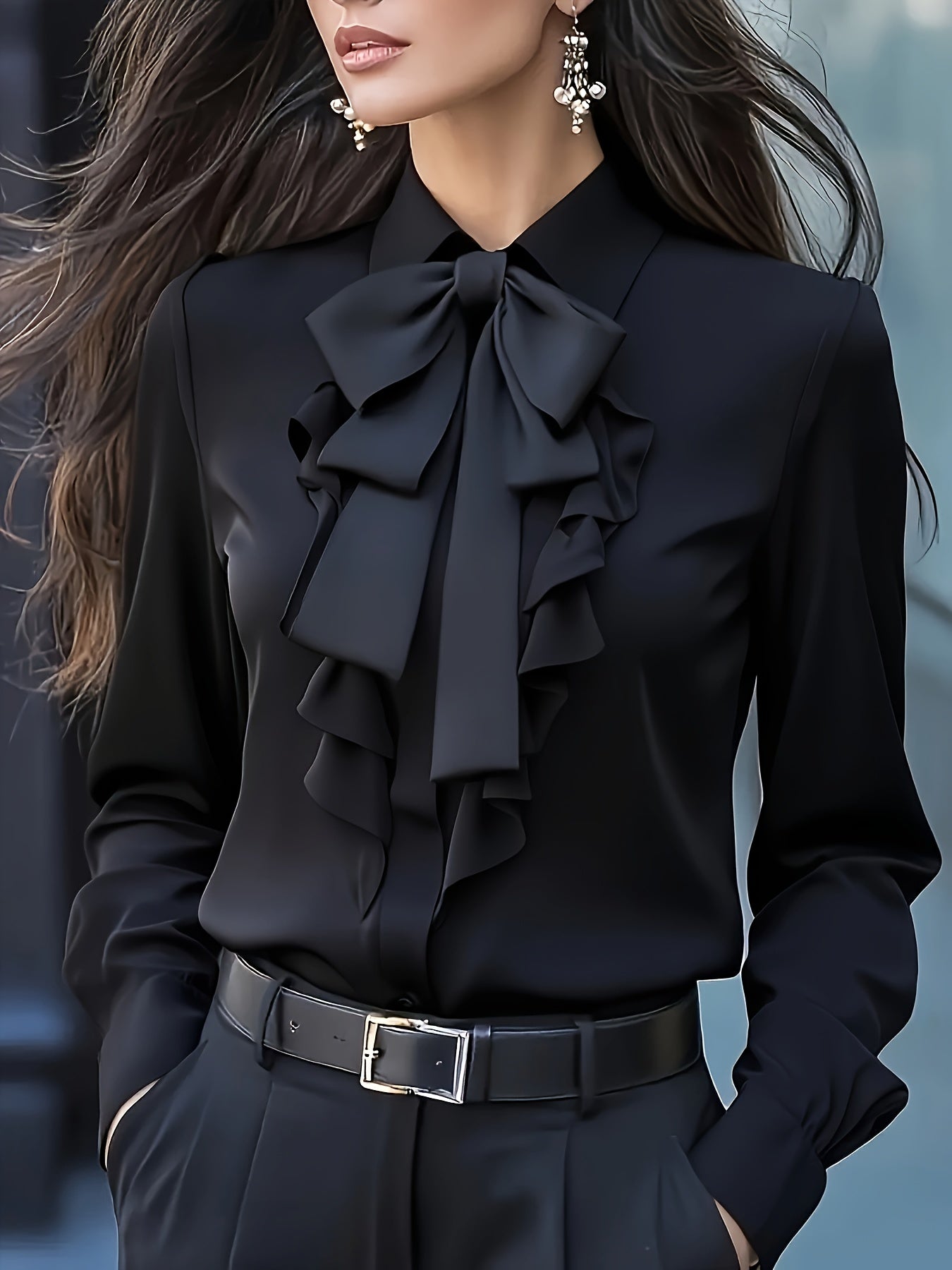 Blouse – Ruches Hals Met Strik & Gladde Bewegingsvrijheid - Glamorix