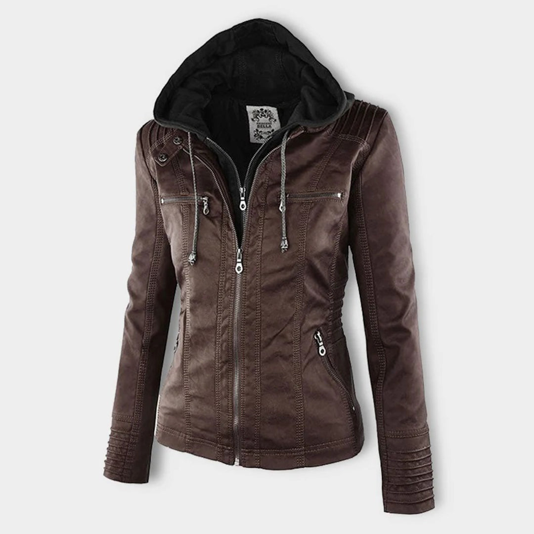 LEIGH – Chaqueta de cuero impermeable para mujer con capucha - Glamorix