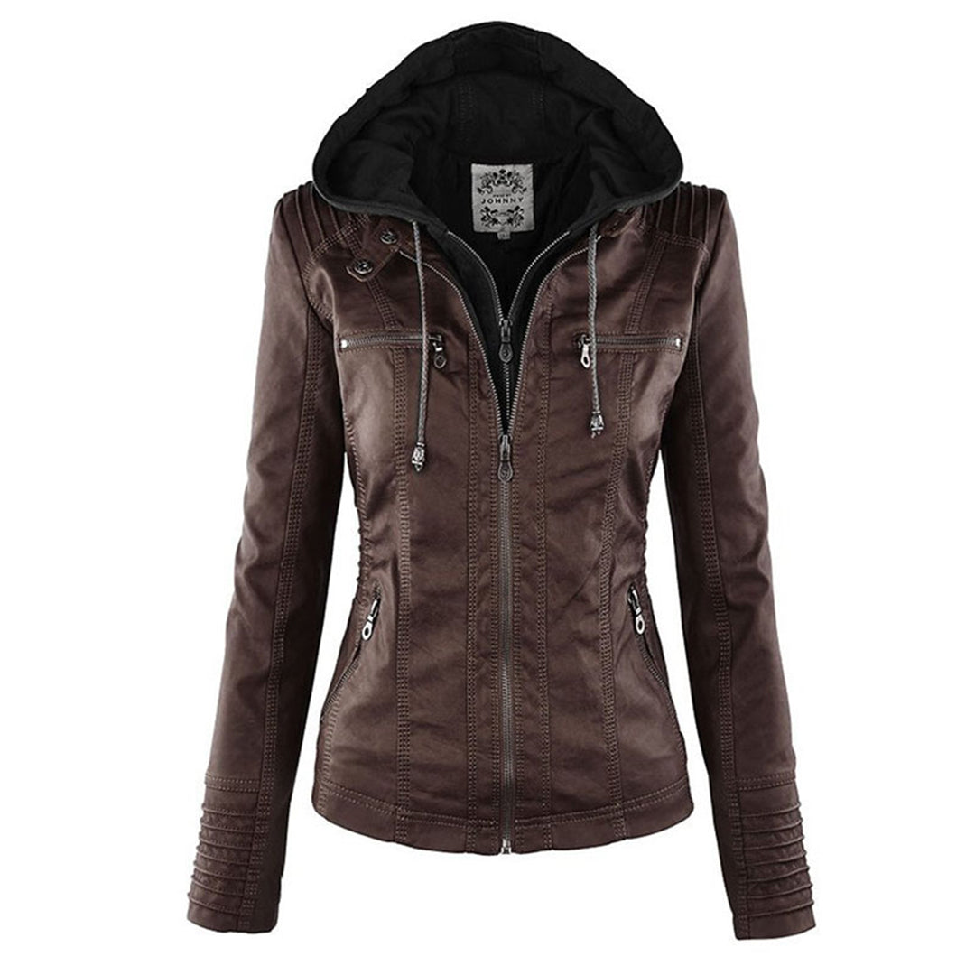 LEIGH – Chaqueta de cuero impermeable para mujer con capucha - Glamorix