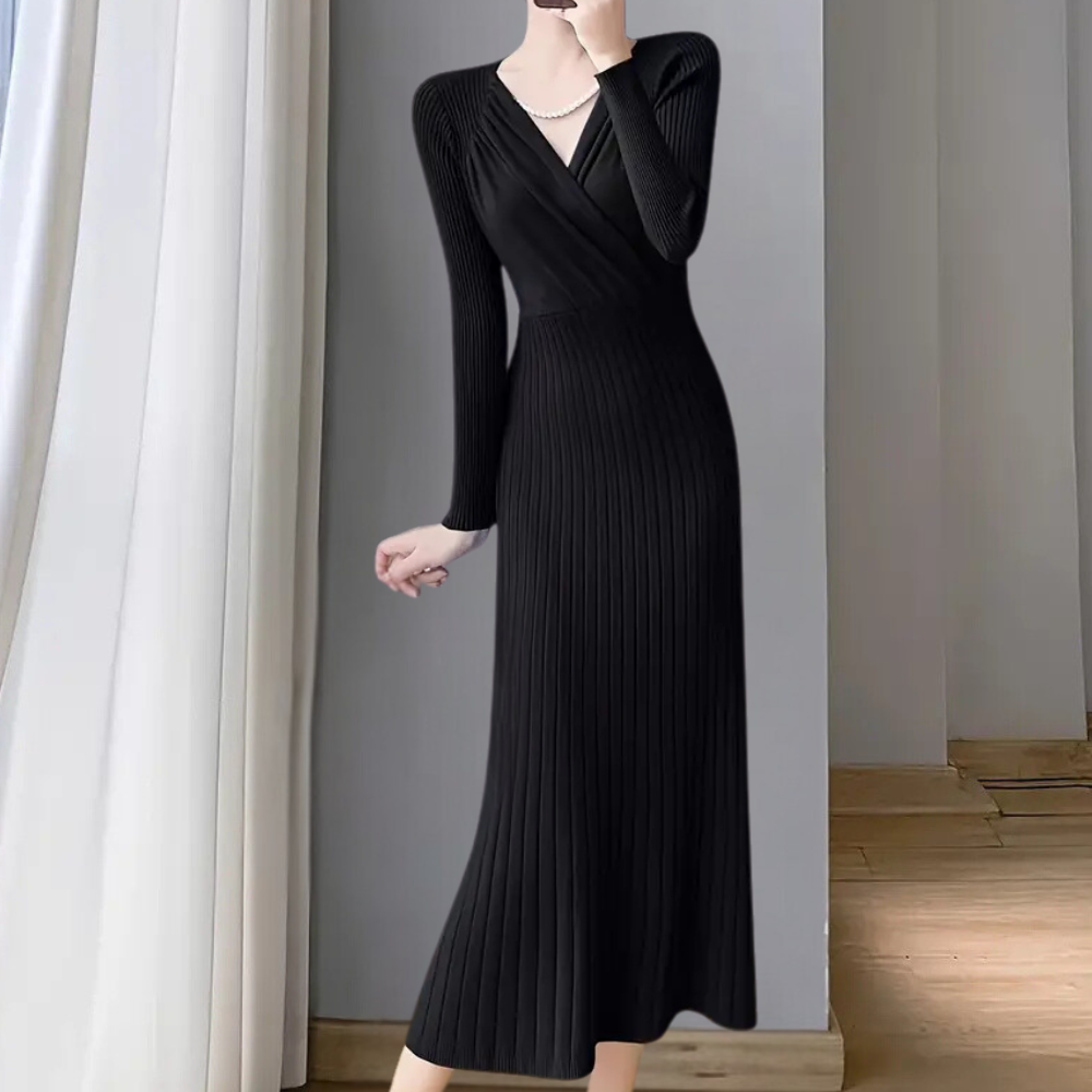 EVIE - Elegante geribde wikkel midi-jurk