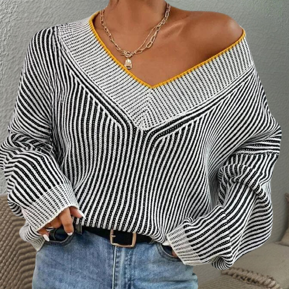 Gestreepte off-shoulder damestrui van gebreid materiaal – NÉLIA - Glamorix