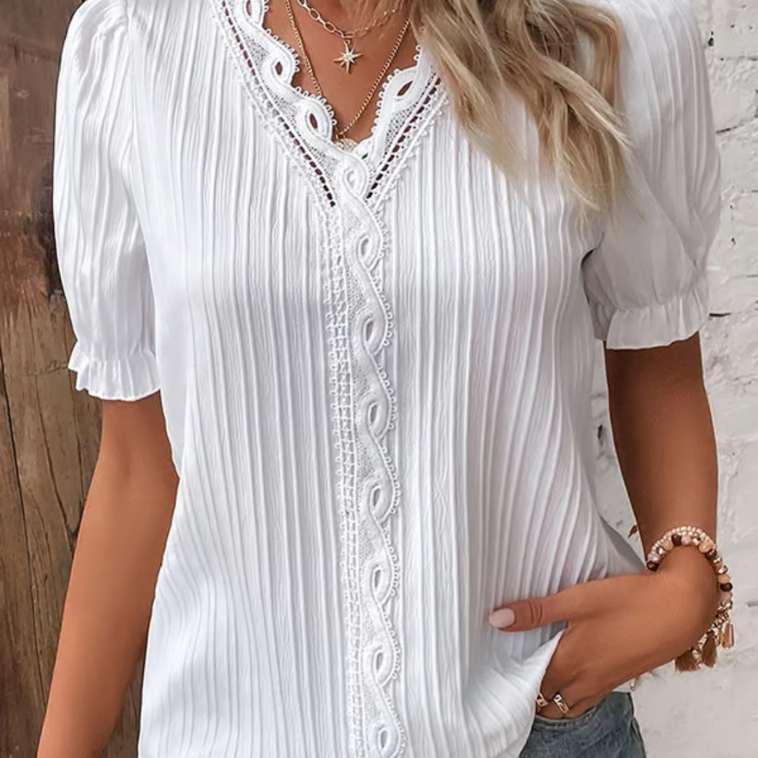 Elegante dames blouse met V-hals en kanten details – SERELLE LACE - Glamorix