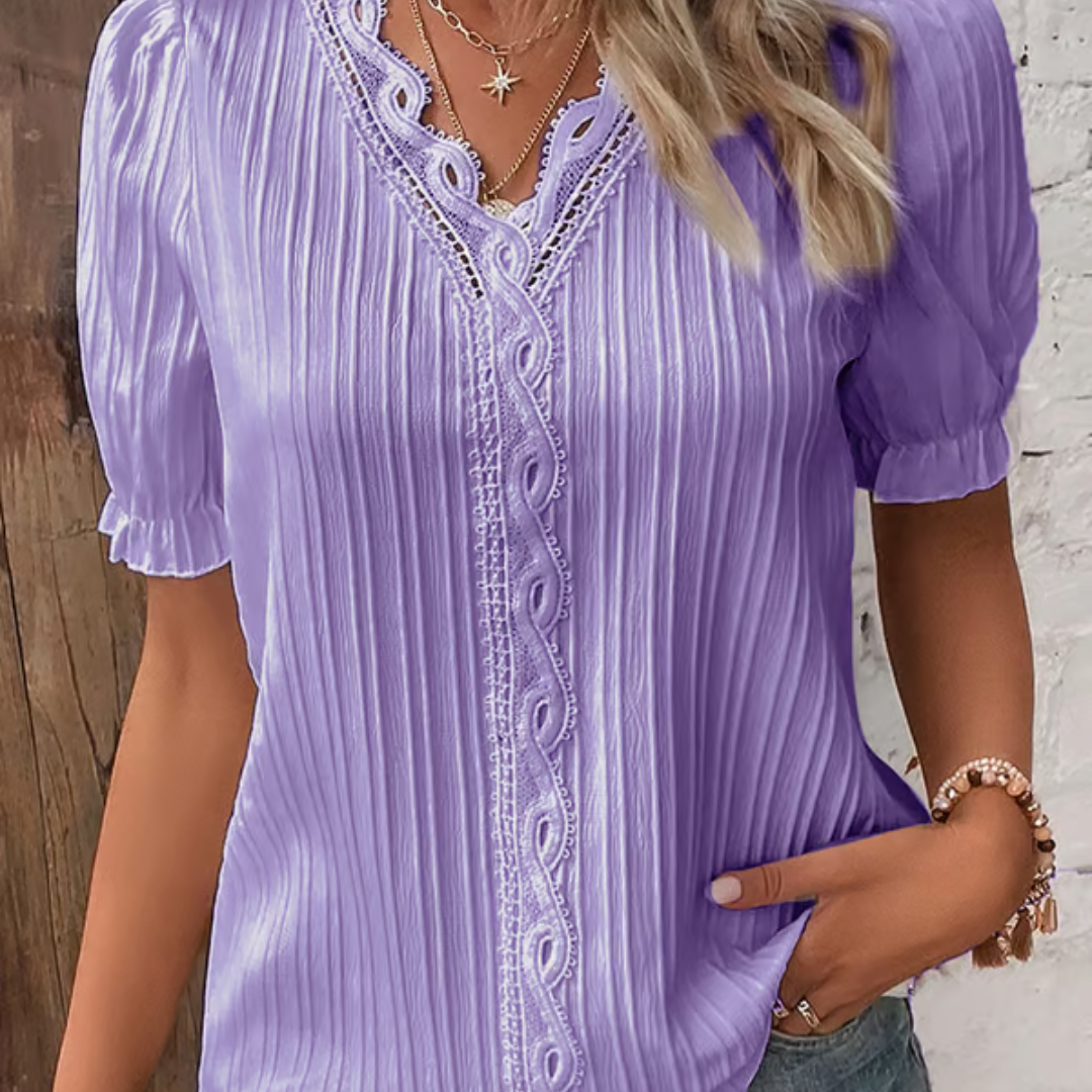 Elegante dames blouse met V-hals en kanten details – SERELLE LACE - Glamorix