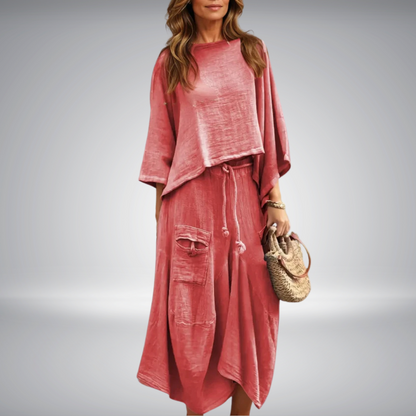 Tweedelige dames set met casual top en losvallende rok – SOLENA SET - Glamorix