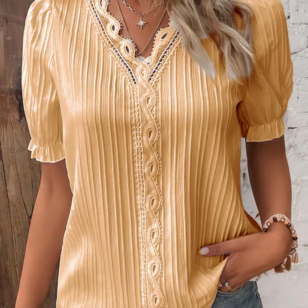 Elegante dames blouse met V-hals en kanten details – SERELLE LACE - Glamorix