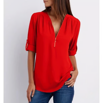 Losvallende blouse met 3/4 mouwen en ritssluiting – MAELYN CURVE - Glamorix