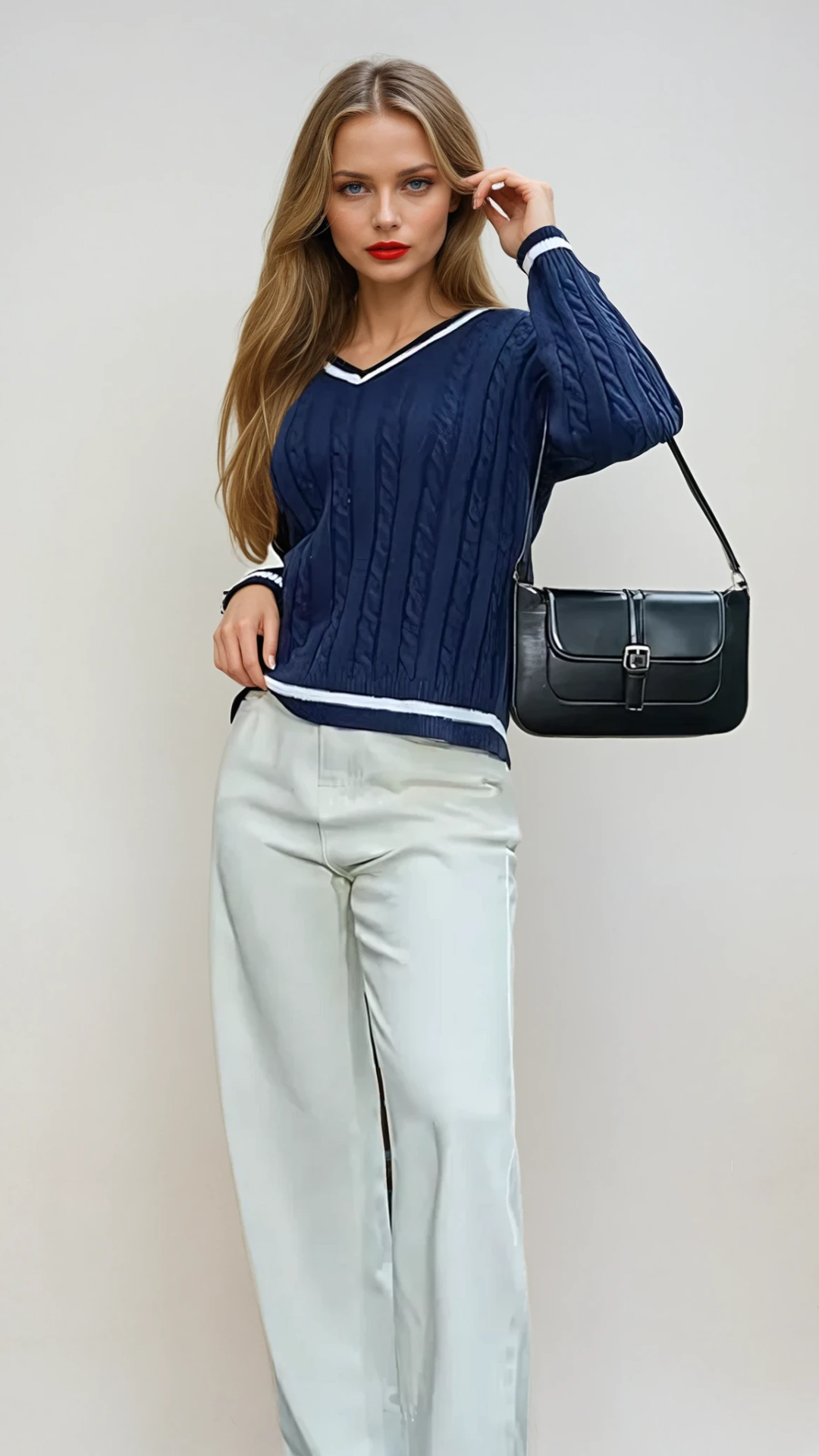 Lange mouwen dames trui met V-hals en zachte stretch – ELIORA ESSENCE - Glamorix