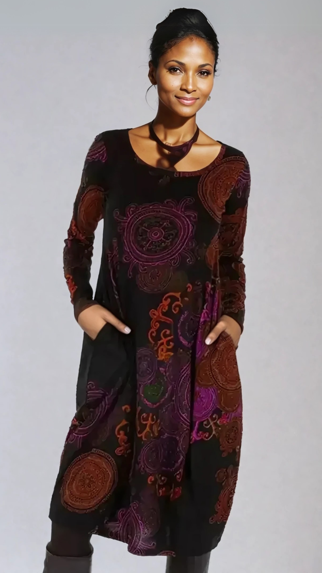 Bohemian midi-jurk met lange mouwen en elegante print – LioraMuse - Glamorix
