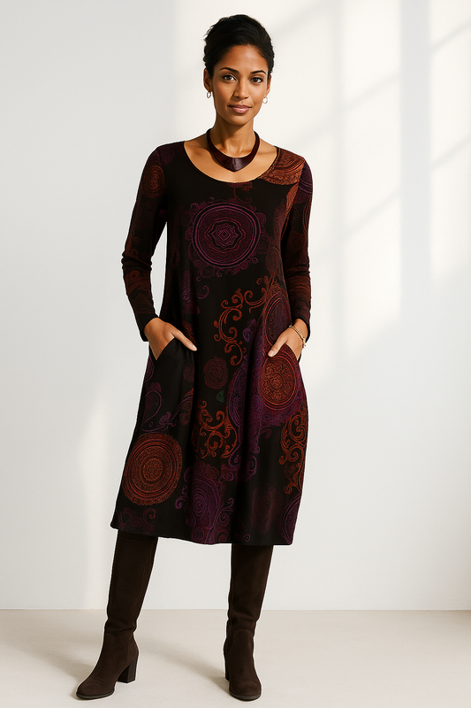 Bohemian midi-jurk met lange mouwen en elegante print – LioraMuse - Glamorix