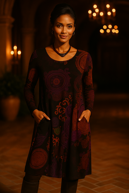 Bohemian midi-jurk met lange mouwen en elegante print – LioraMuse - Glamorix