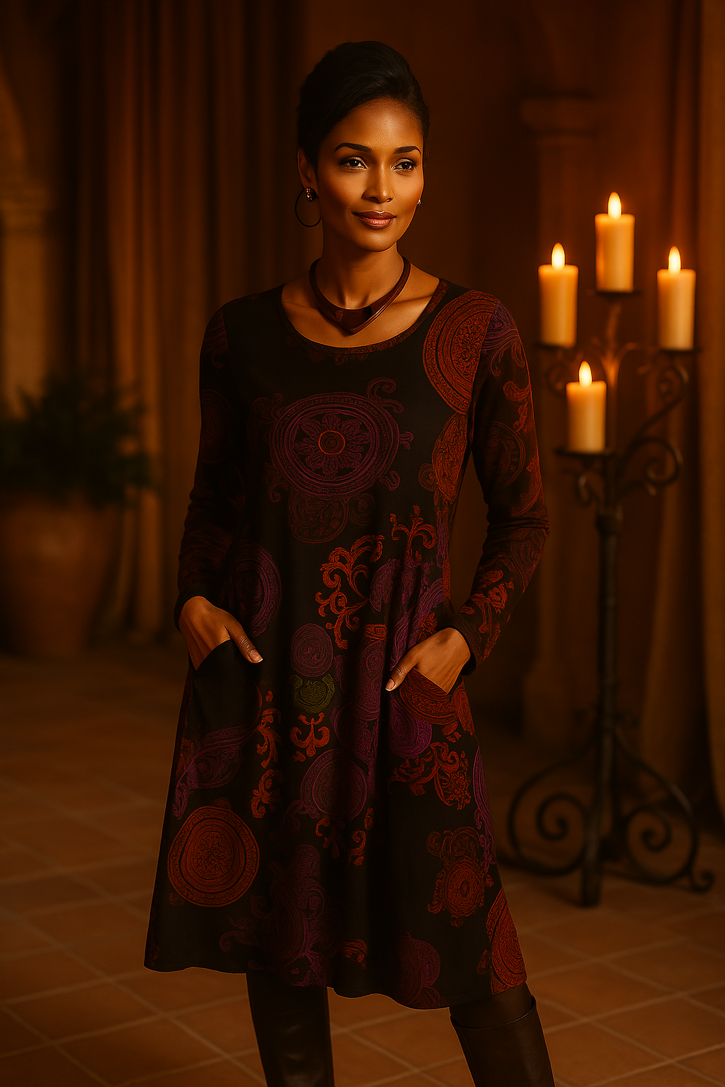 Bohemian midi-jurk met lange mouwen en elegante print – LioraMuse - Glamorix